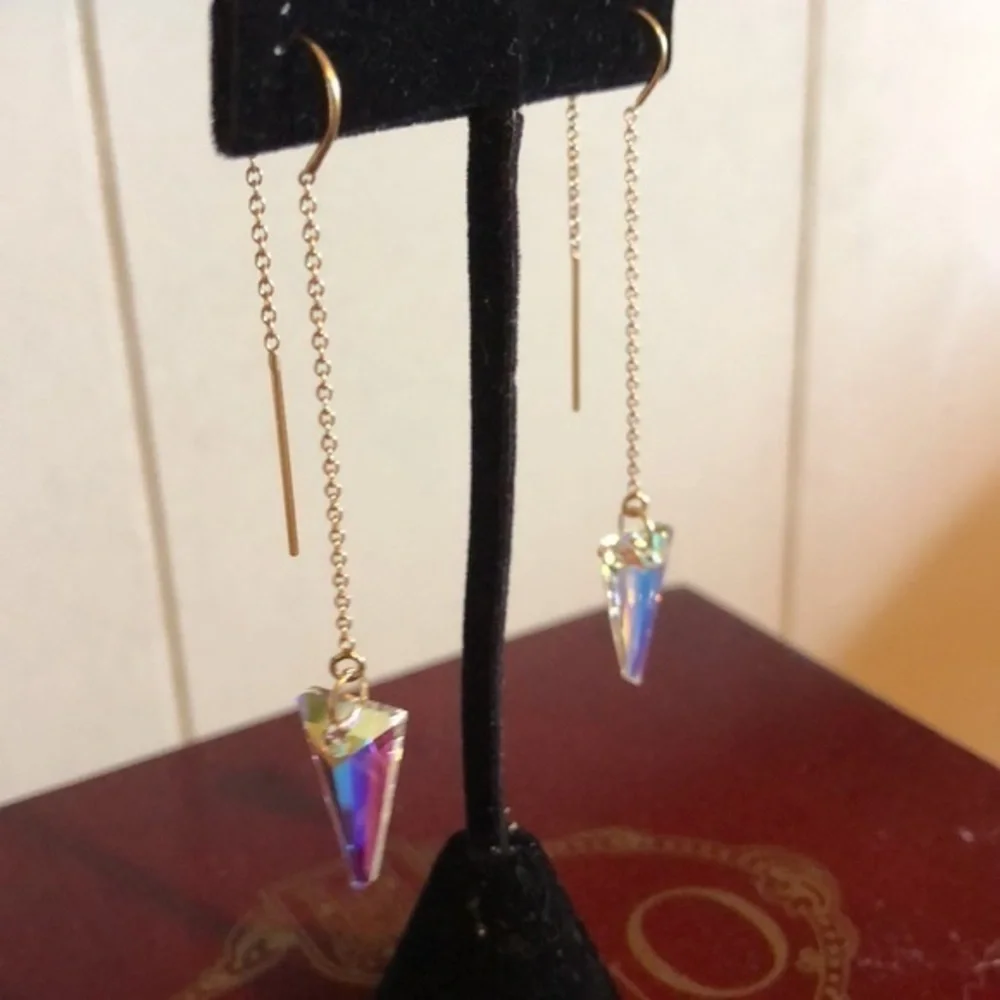 Swarovski Aurora Borealis Spike Crystal Handmade Gold Filled Threader Earrings